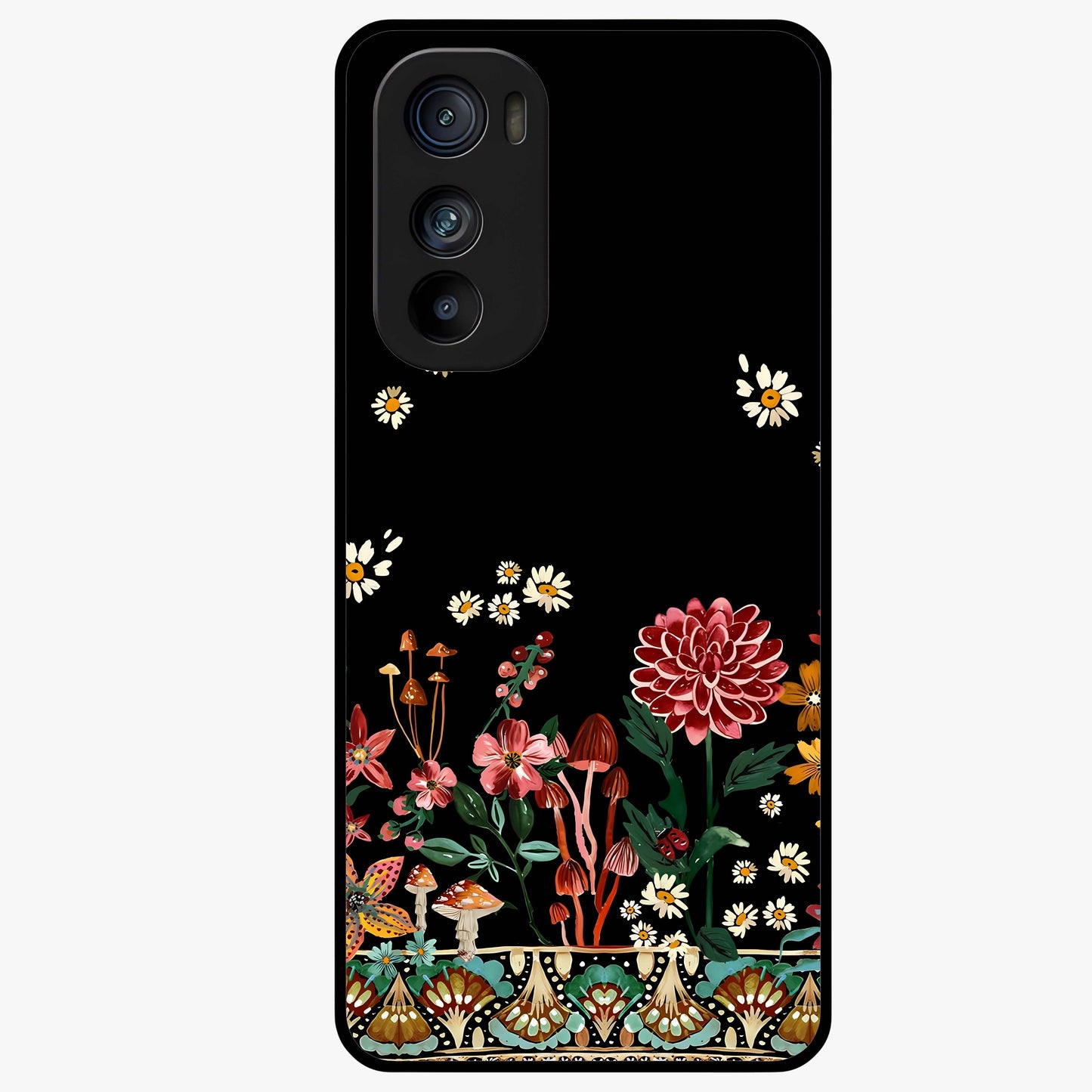 Midnight Bloom Pattern Glass Case showing flat back view with dark floral pattern artwork and glossy glass finish.