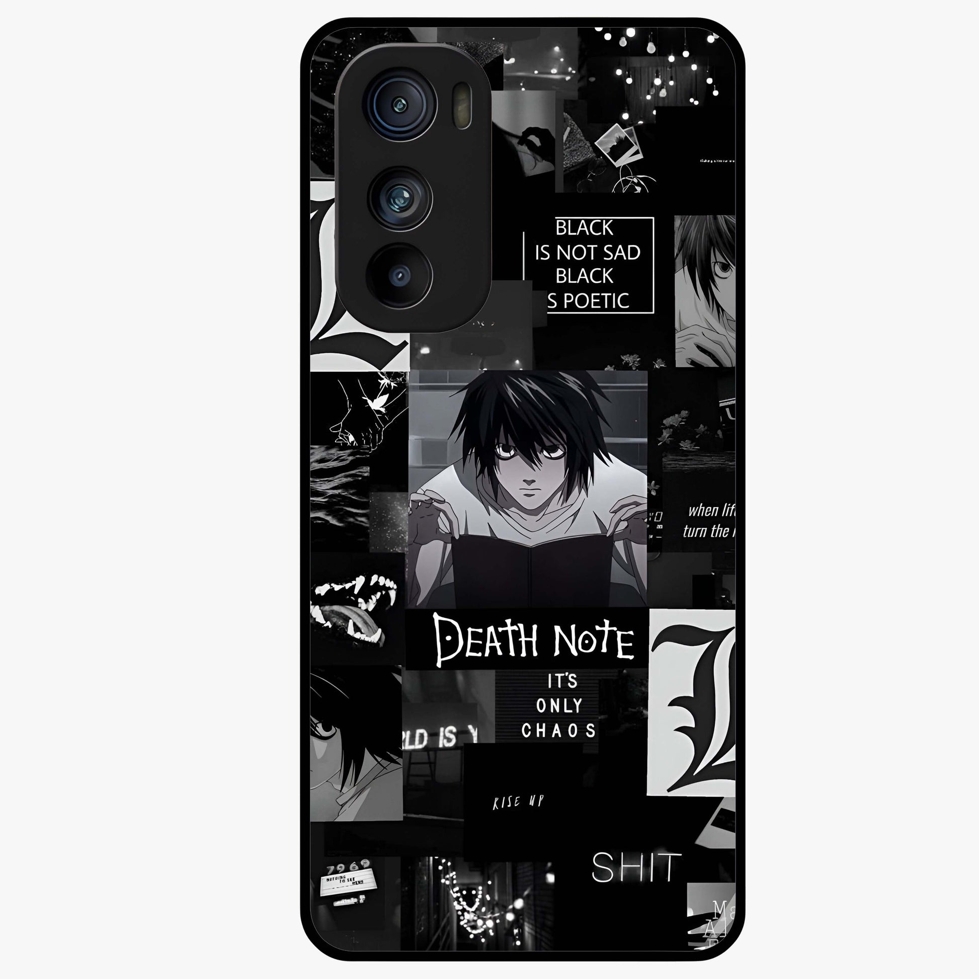 Midnight Chaos Mind Glass Case showing flat back view with abstract dark themed artwork and glossy glass finish.