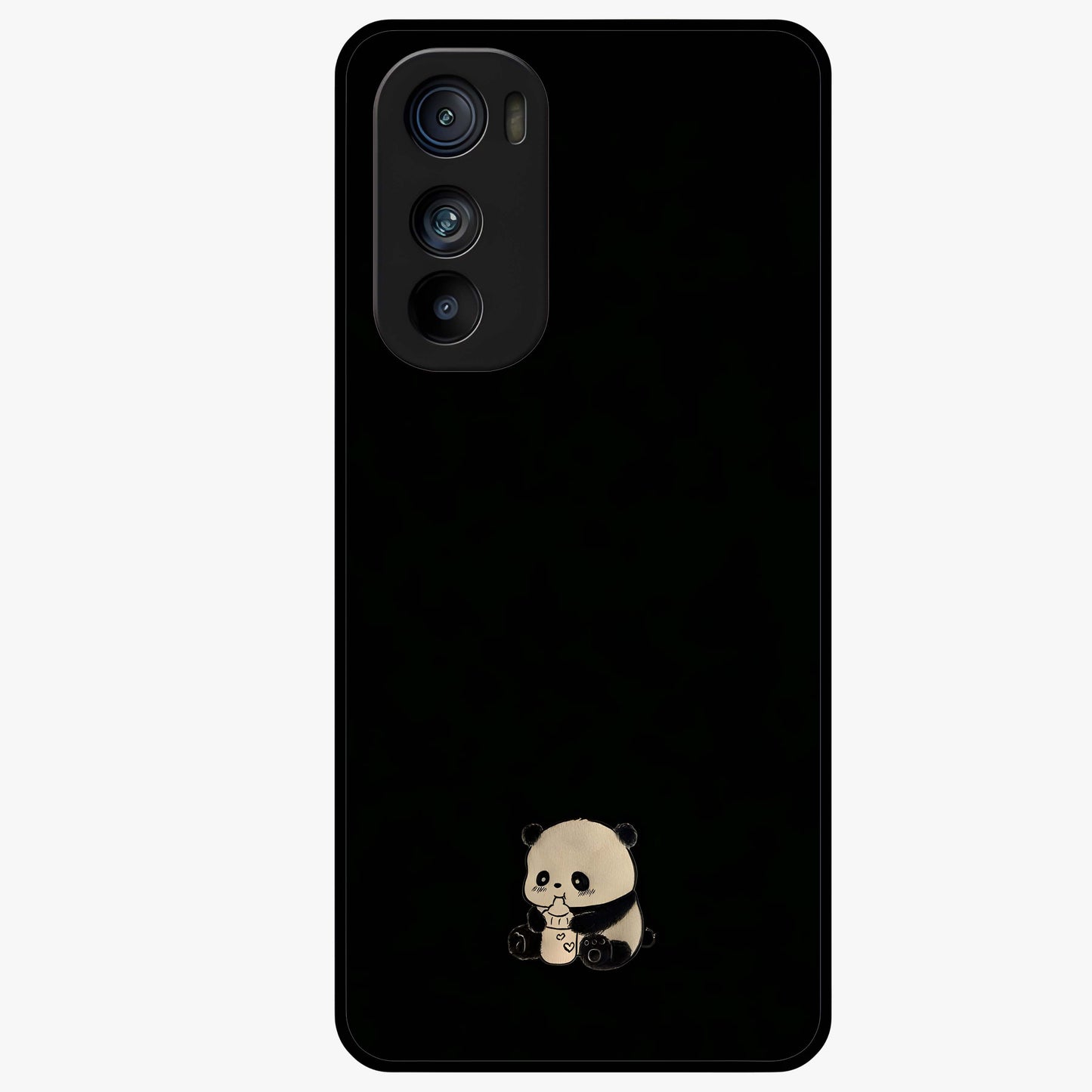 Midnight Panda Love Glass Case showing flat back view with cute panda themed artwork and glossy glass finish.