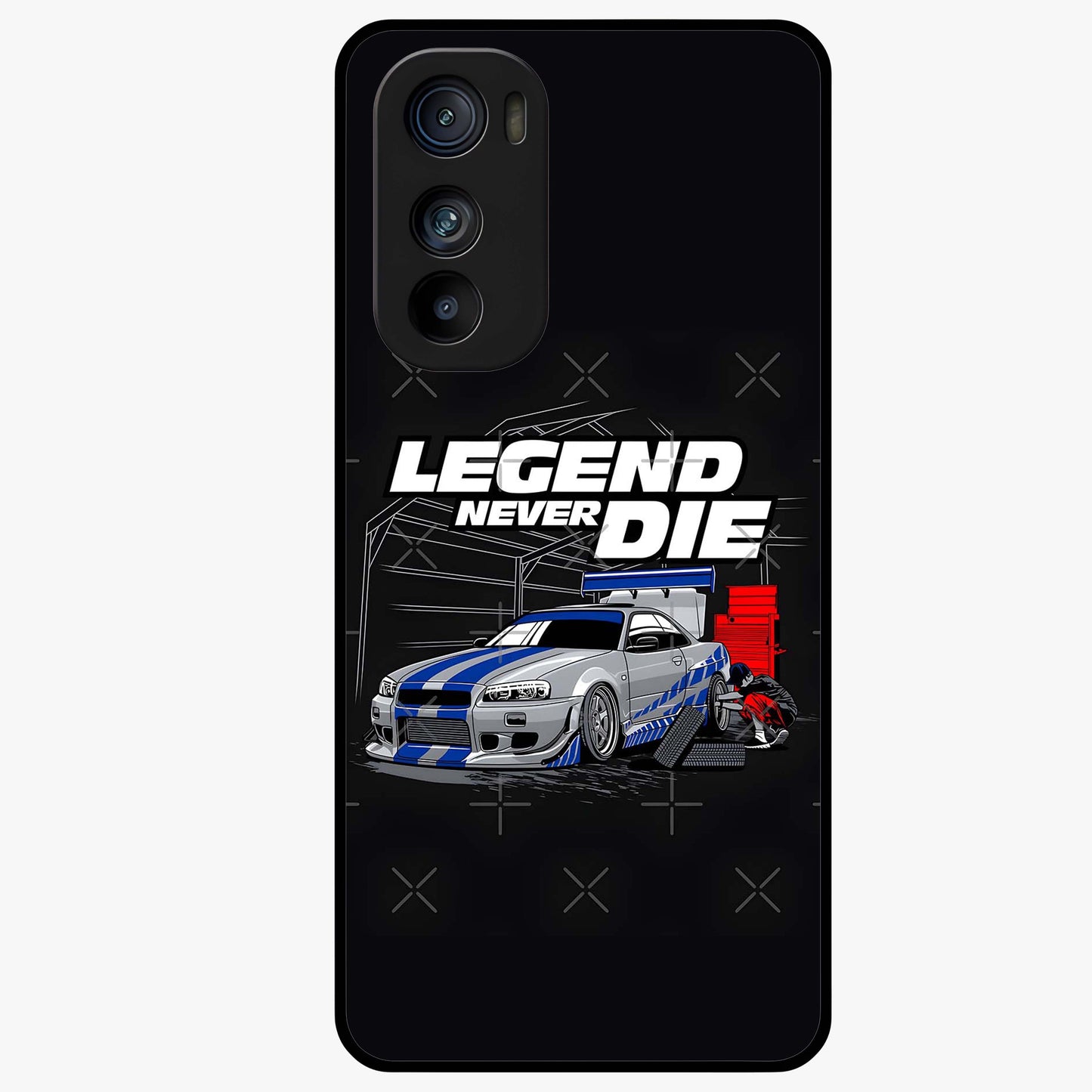 Midnight Racing Legacy Glass Case showing flat back view with sleek racing inspired artwork and glossy glass finish.