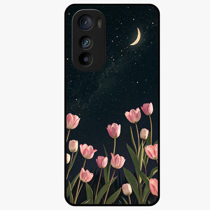 Midnight Tulip Whispers Vibe Glass Case showing flat back view with elegant tulip flower artwork and glossy glass finish.