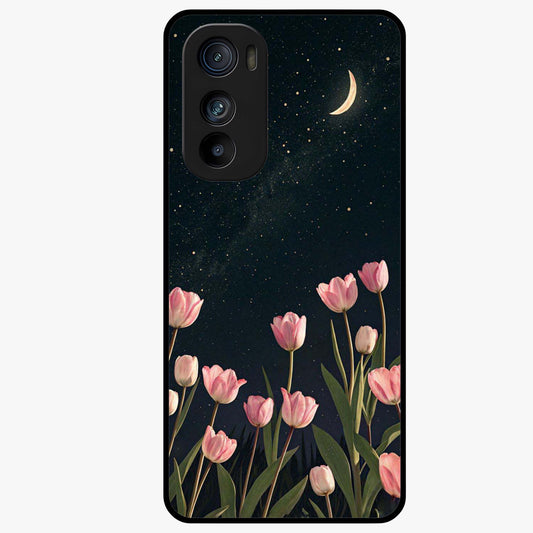 Midnight Tulip Whispers Vibe Glass Case showing flat back view with elegant tulip flower artwork and glossy glass finish.