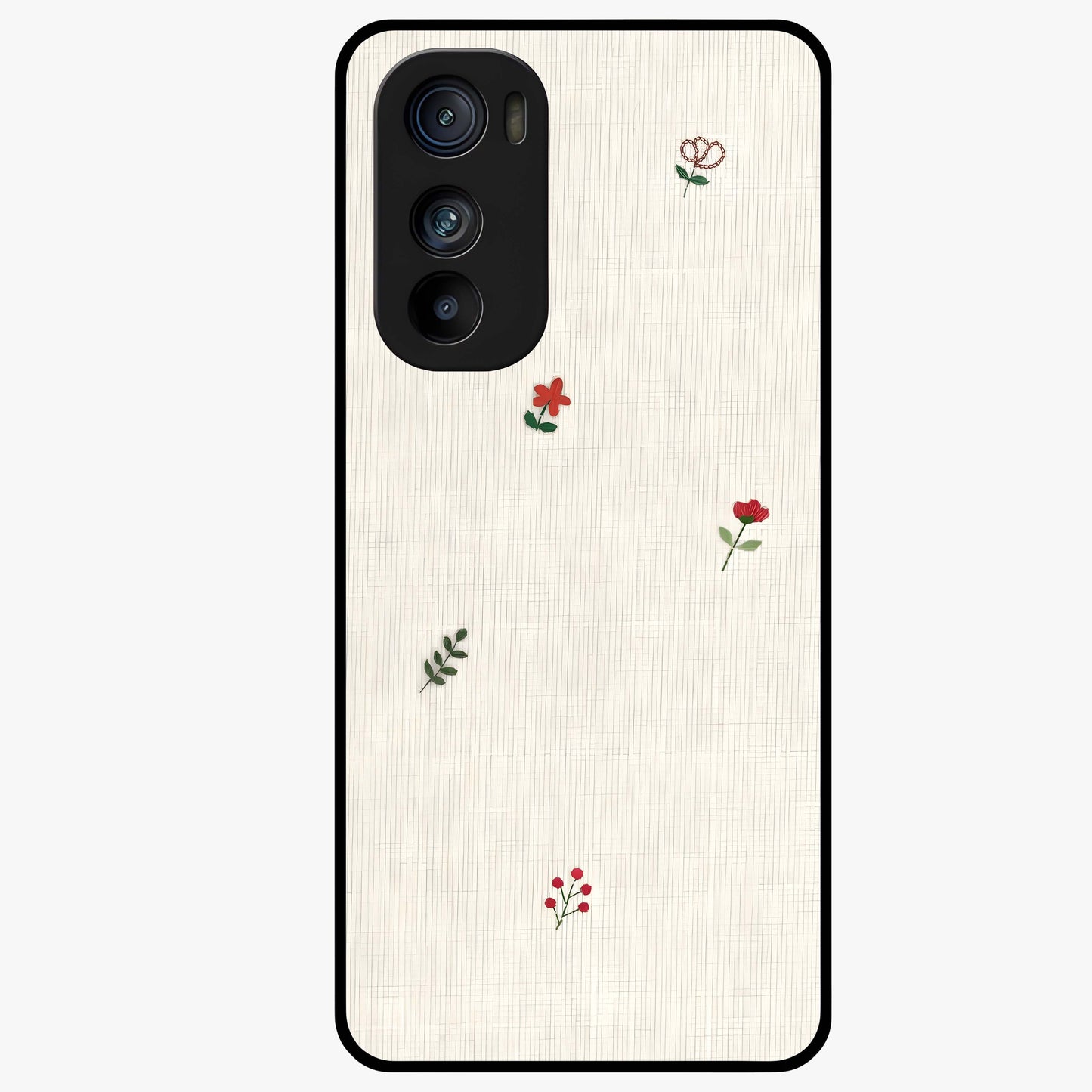 Minimal Petal Whispers Glass Case showing flat back view with soft minimal floral artwork and glossy glass finish.