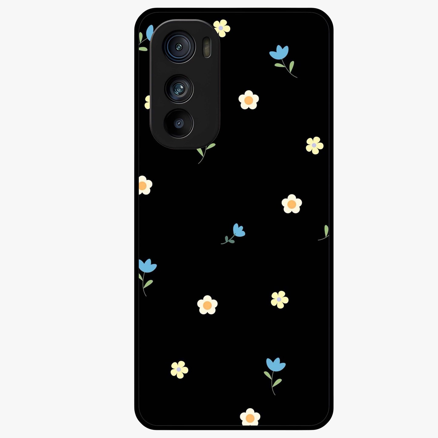 Minimalistic Blue With White Flower Pattern Glass Case showing flat back view with blue background and white flower pattern and glossy glass finish.