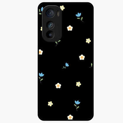 Minimalistic Blue With White Flower Pattern Glass Case showing flat back view with blue background and white flower pattern and glossy glass finish.
