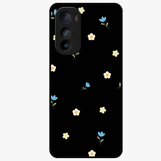 Minimalistic Blue With White Flower Pattern Glass Case showing flat back view with blue background and white flower pattern and glossy glass finish.
