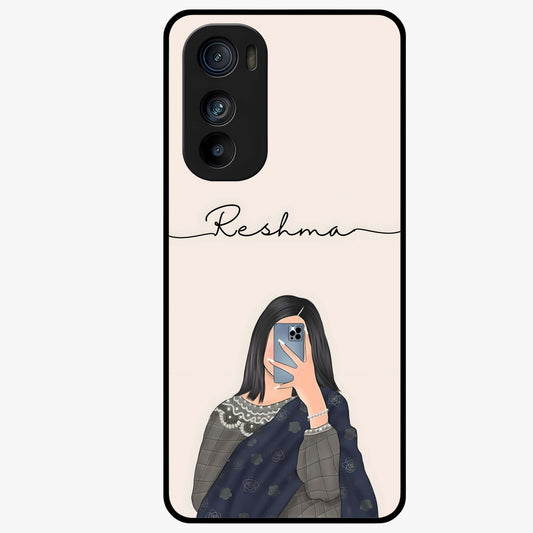 Mirror Mood Muse With Custom Name Glass Case showing flat back view with stylish mirrored artwork and personalized name design.