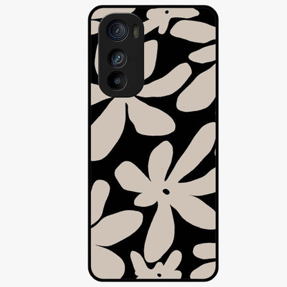 Monochrome Petal Dance Glass Case showing flat back view with monochrome floral artwork and glossy glass finish.