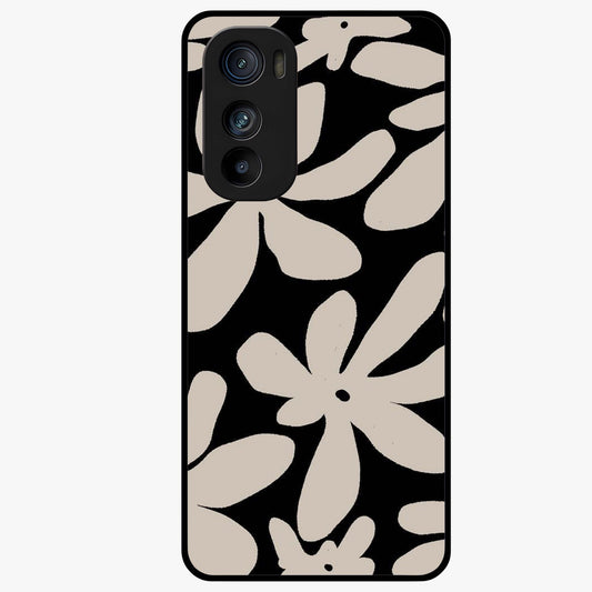 Monochrome Petal Dance Glass Case showing flat back view with monochrome floral artwork and glossy glass finish.