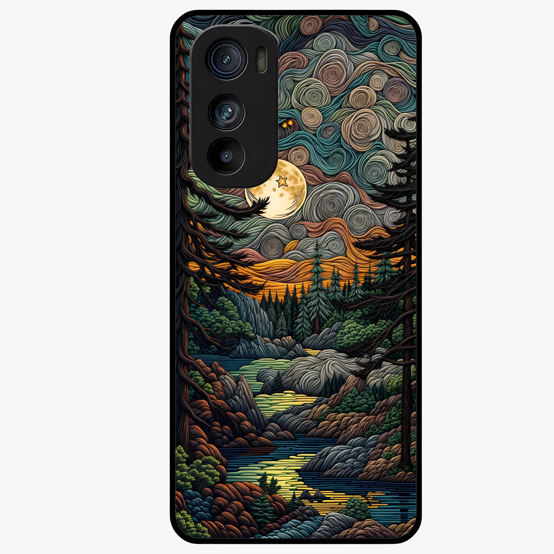 Moonlight Forest Dream Glass Case showing flat back view with mystical forest moonlight artwork and glossy glass finish.