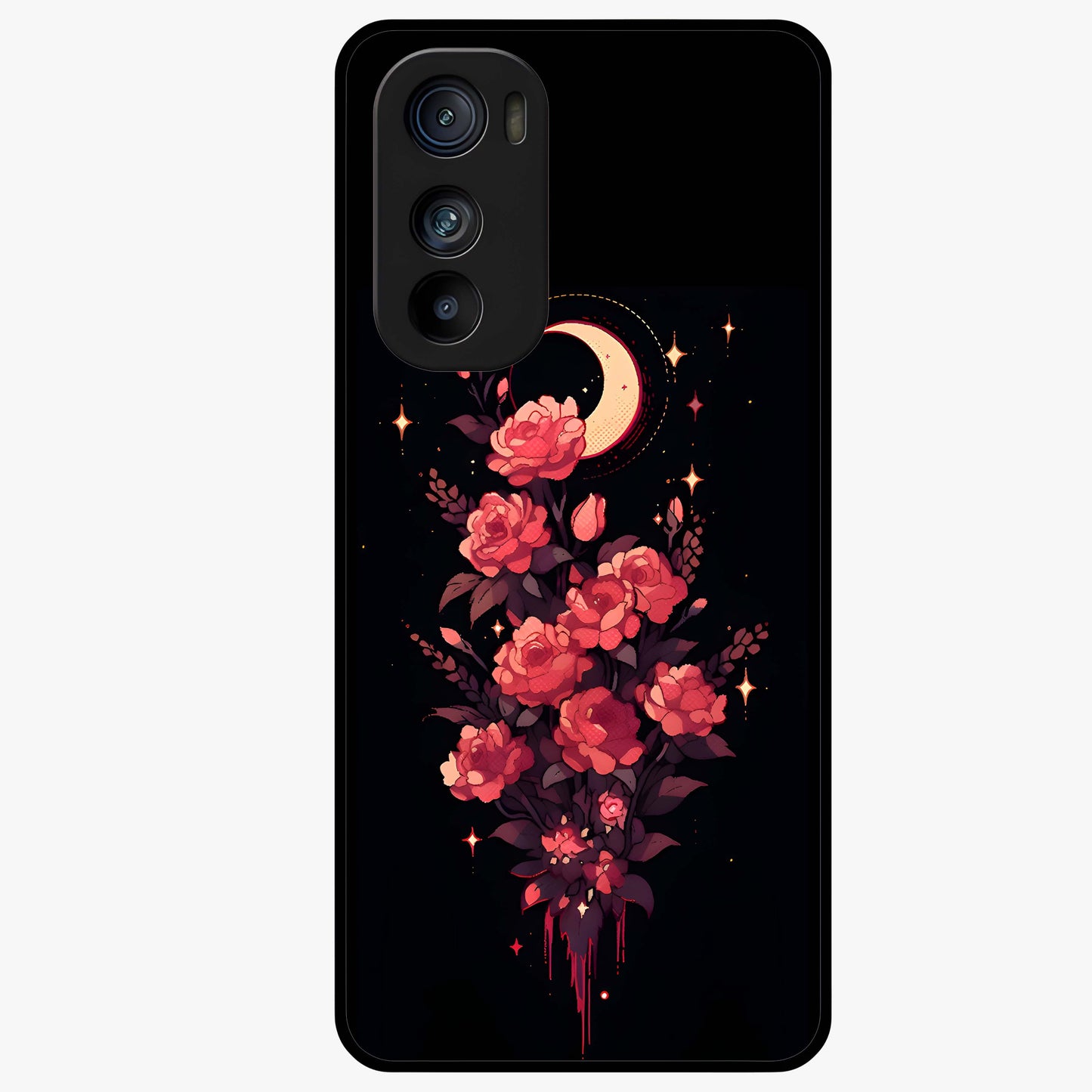 Moonlit Floral Elegance Glass Case showing flat back view with elegant floral artwork under moonlit tones and glossy glass finish.