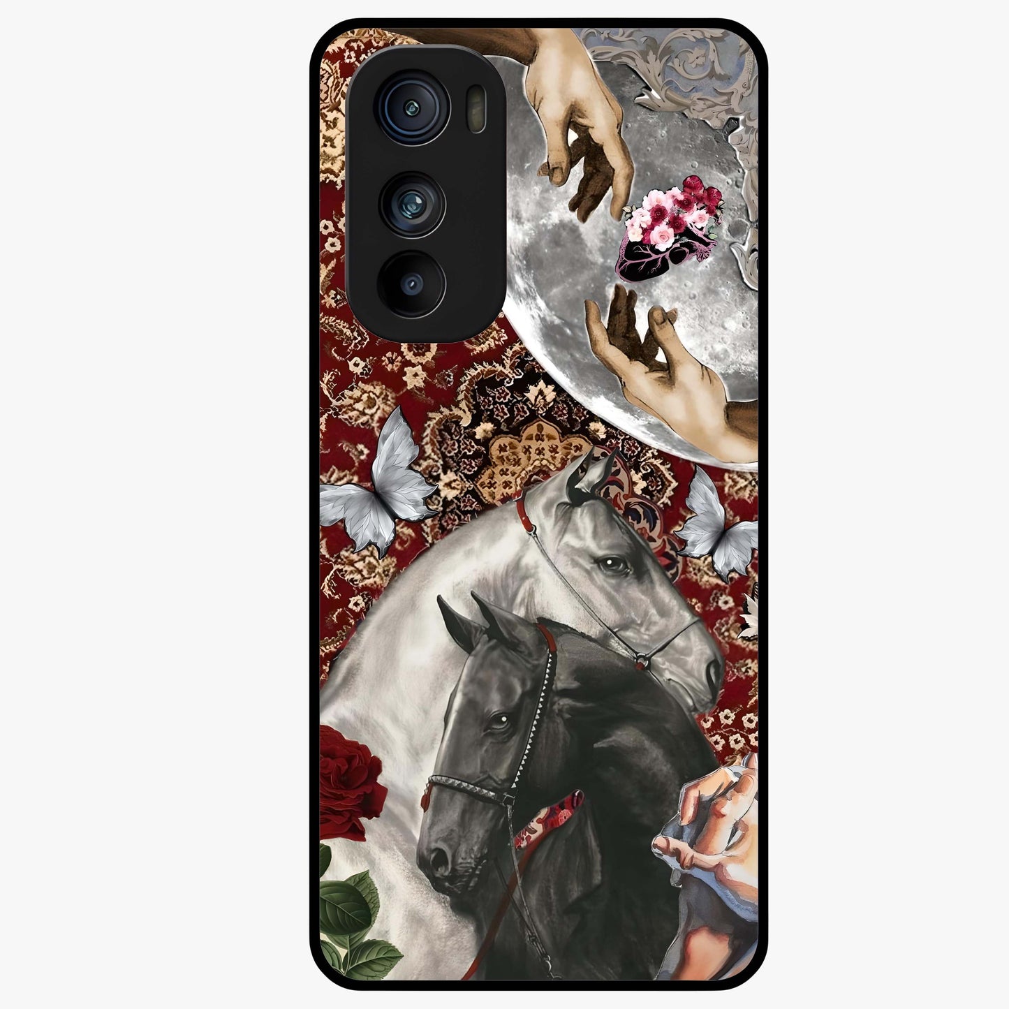 Moonlit Royal Stallion Glass Case showing flat back view with majestic horse under moonlight artwork and glossy glass finish.