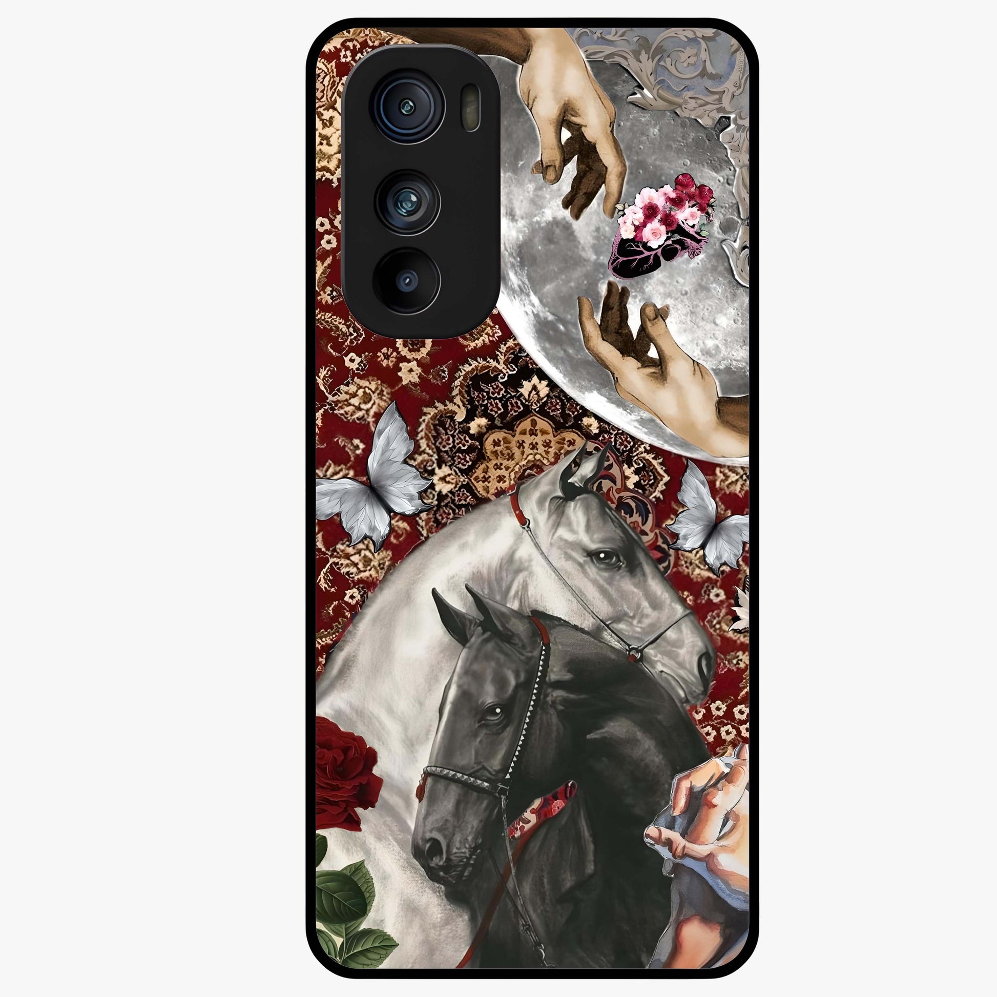 Moonlit Royal Stallion Glass Case showing flat back view with majestic horse under moonlight artwork and glossy glass finish.
