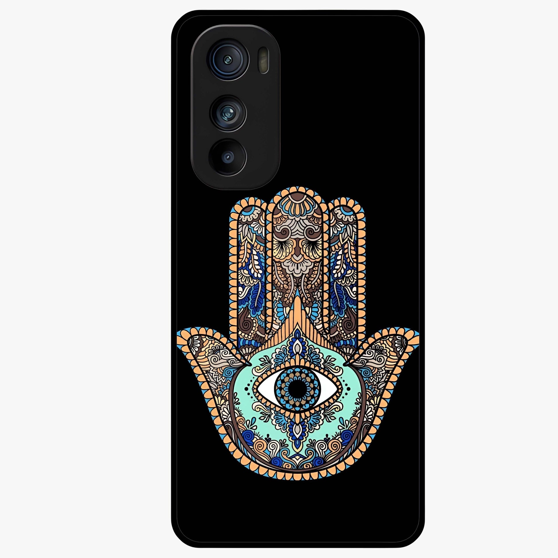 Mystic Hamsa Eye Glass Case showing flat back view with protective hamsa hand and evil eye artwork and glossy glass finish.