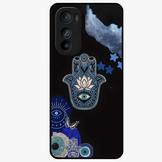 Mystic Hand Aura Glass Case showing flat back view with mystical hand symbol artwork and glossy glass finish.