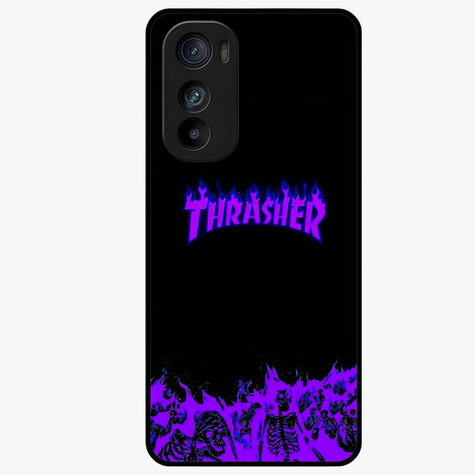 Neon Flame Riot Glass Case showing flat back view with neon flame artwork and glossy glass finish.