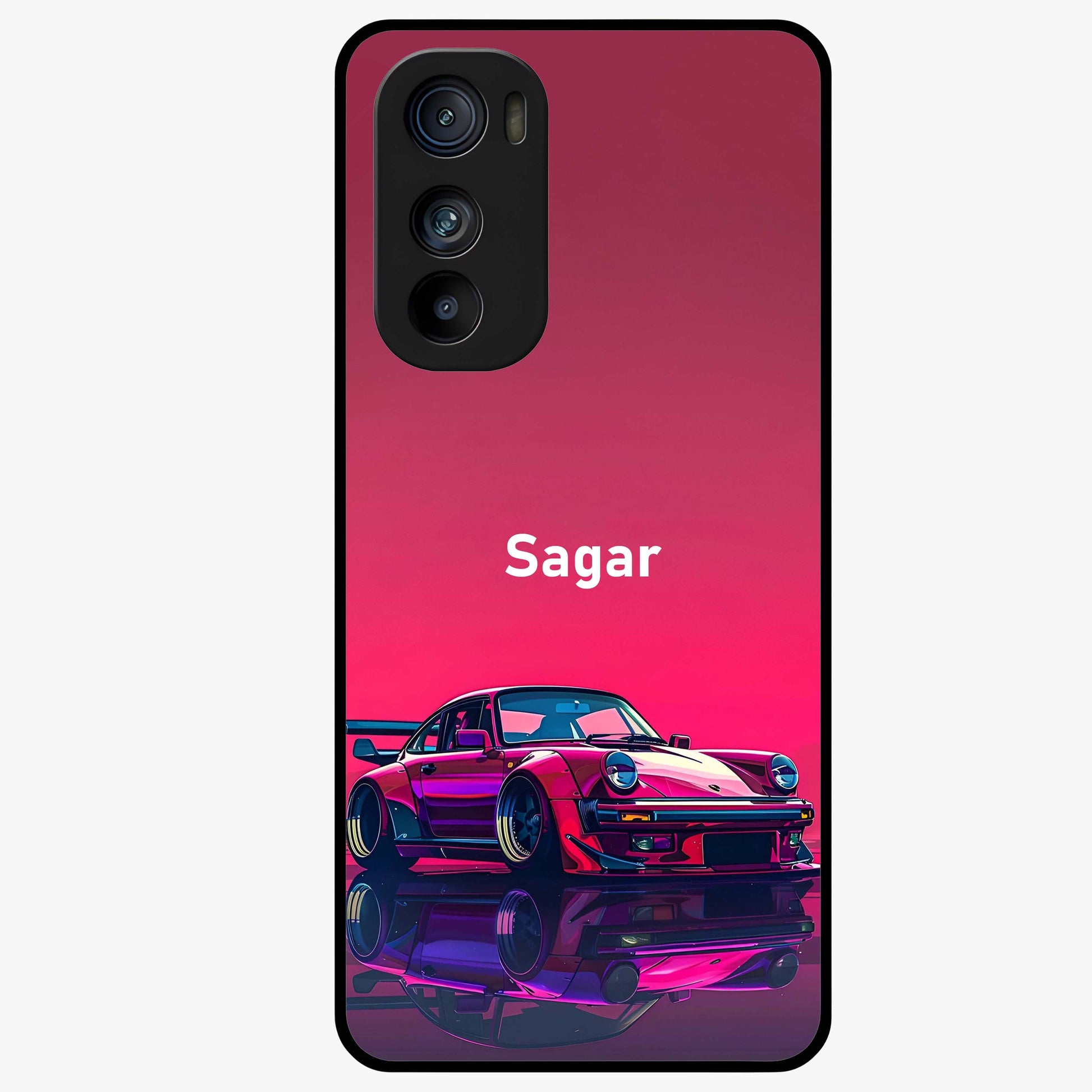 Neon Pink Porsche Glass Case showing flat back view with stylish sports car artwork and glossy glass finish.
