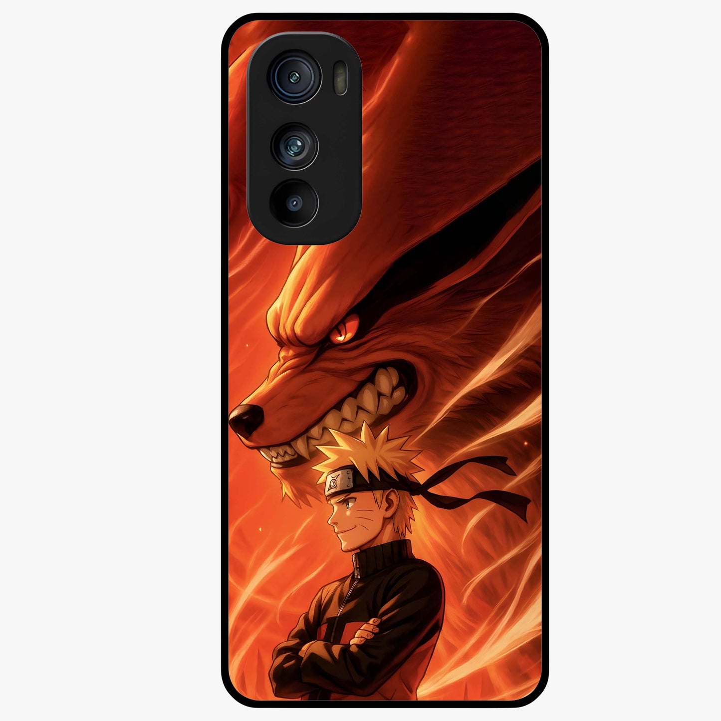Nine Tails Legacy Glass Case showing flat back view with powerful nine-tailed fox inspired artwork and glossy glass finish.