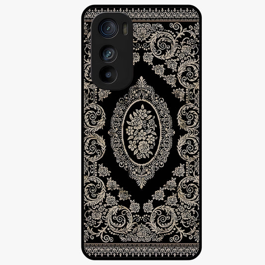 Noir Bloom Elegance Glass Case showing flat back view with elegant dark floral artwork and glossy glass finish.