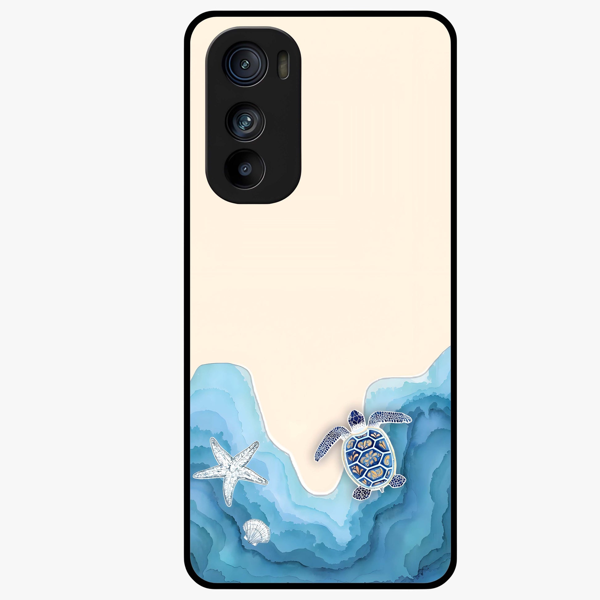 Ocean Drift Turtle Glass Case showing flat back view with sea turtle artwork and glossy glass finish.