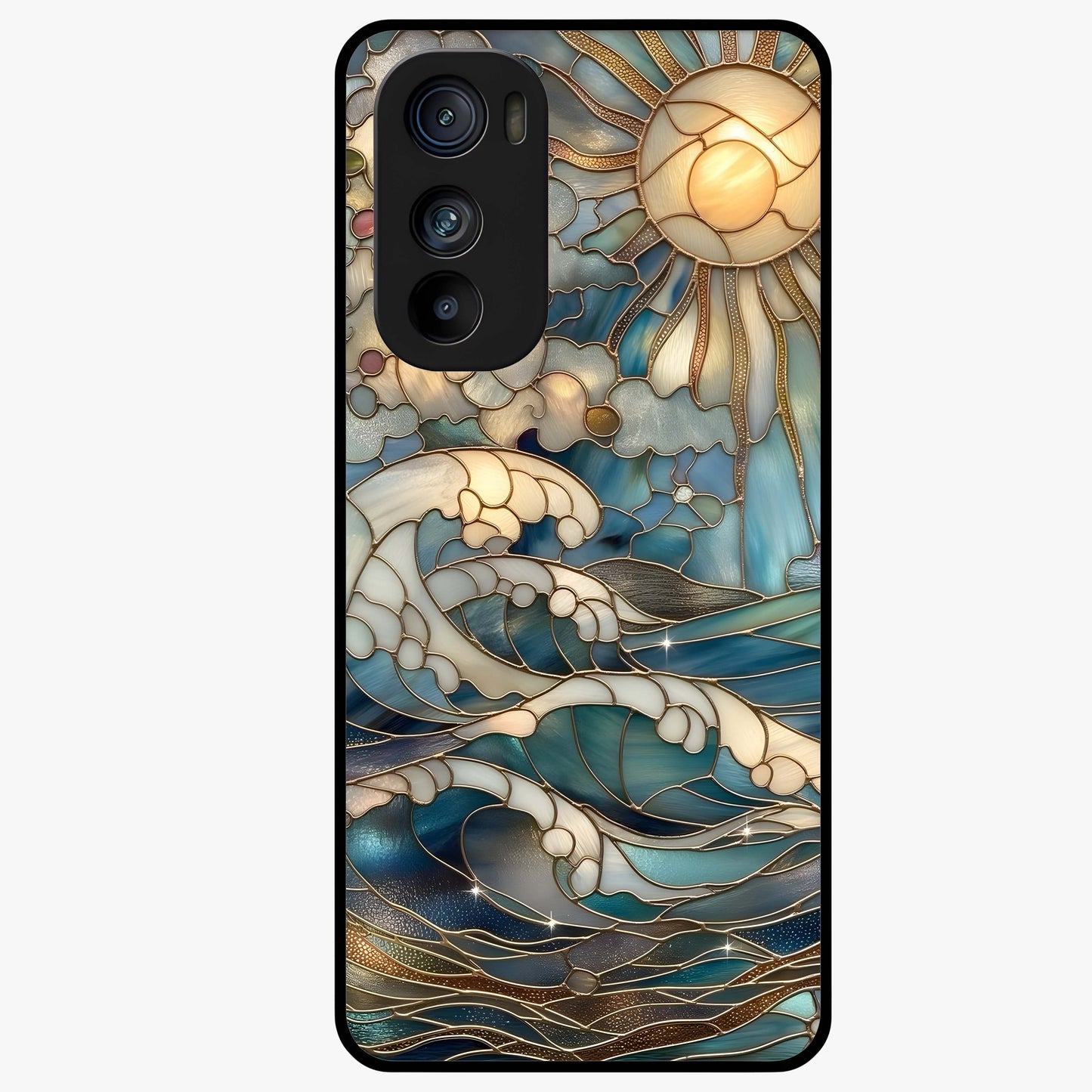 Oceanic Stained Printed Glass Case showing flat back view with ocean inspired stained pattern artwork and glossy glass finish.