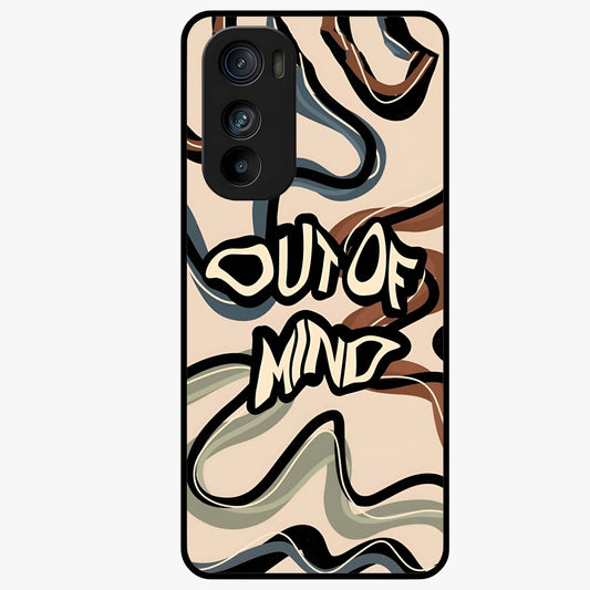 Out Of Mind Glass Case showing flat back view with expressive typography artwork and glossy glass finish.