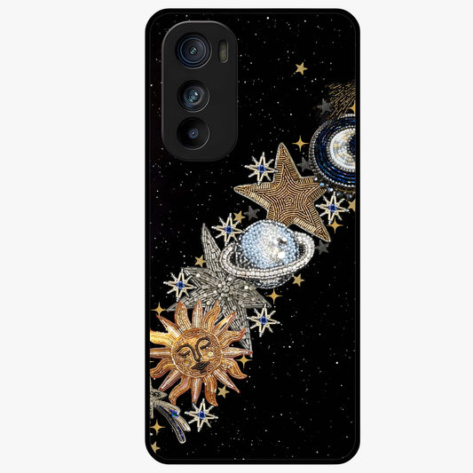 Pearls Universe Object Glass Case showing flat back view with pearl inspired cosmic artwork and glossy glass finish.