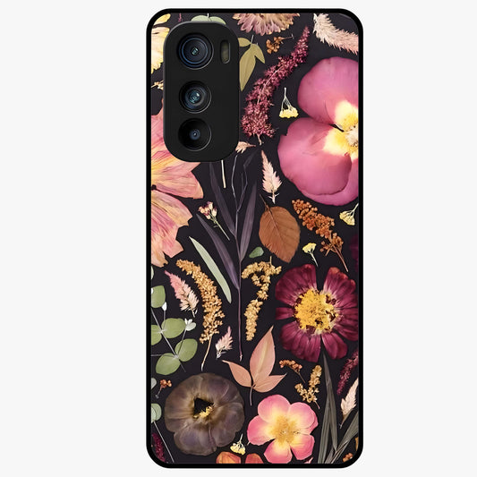 Petal Dream Tapestry Glass Case showing flat back view with intricate floral tapestry artwork and glossy glass finish.