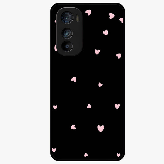 Pink Love Drops Glass Case showing flat back view with playful pink heart drops artwork and glossy glass finish.