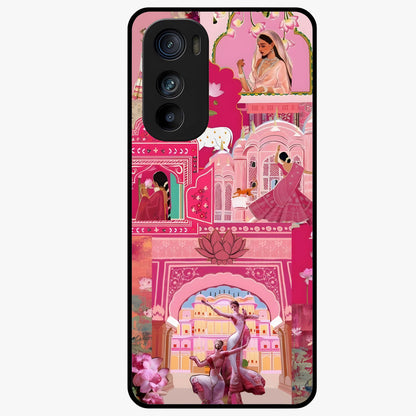 Pink Palace Muse Glass Case showing flat back view with elegant palace inspired artwork and glossy glass finish.
