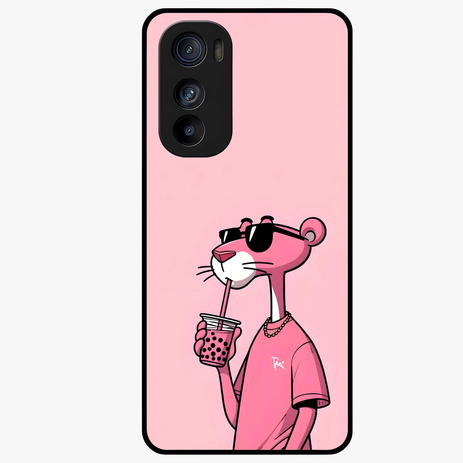 Pink Panther Glass Case showing flat back view with iconic pink panther artwork and glossy glass finish.