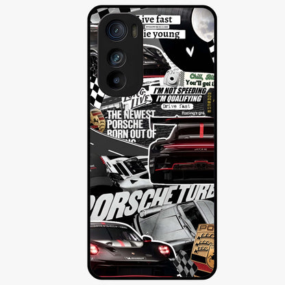 Porsche Racing Collage Glass Case showing flat back view with sports car racing collage artwork and glossy glass finish.