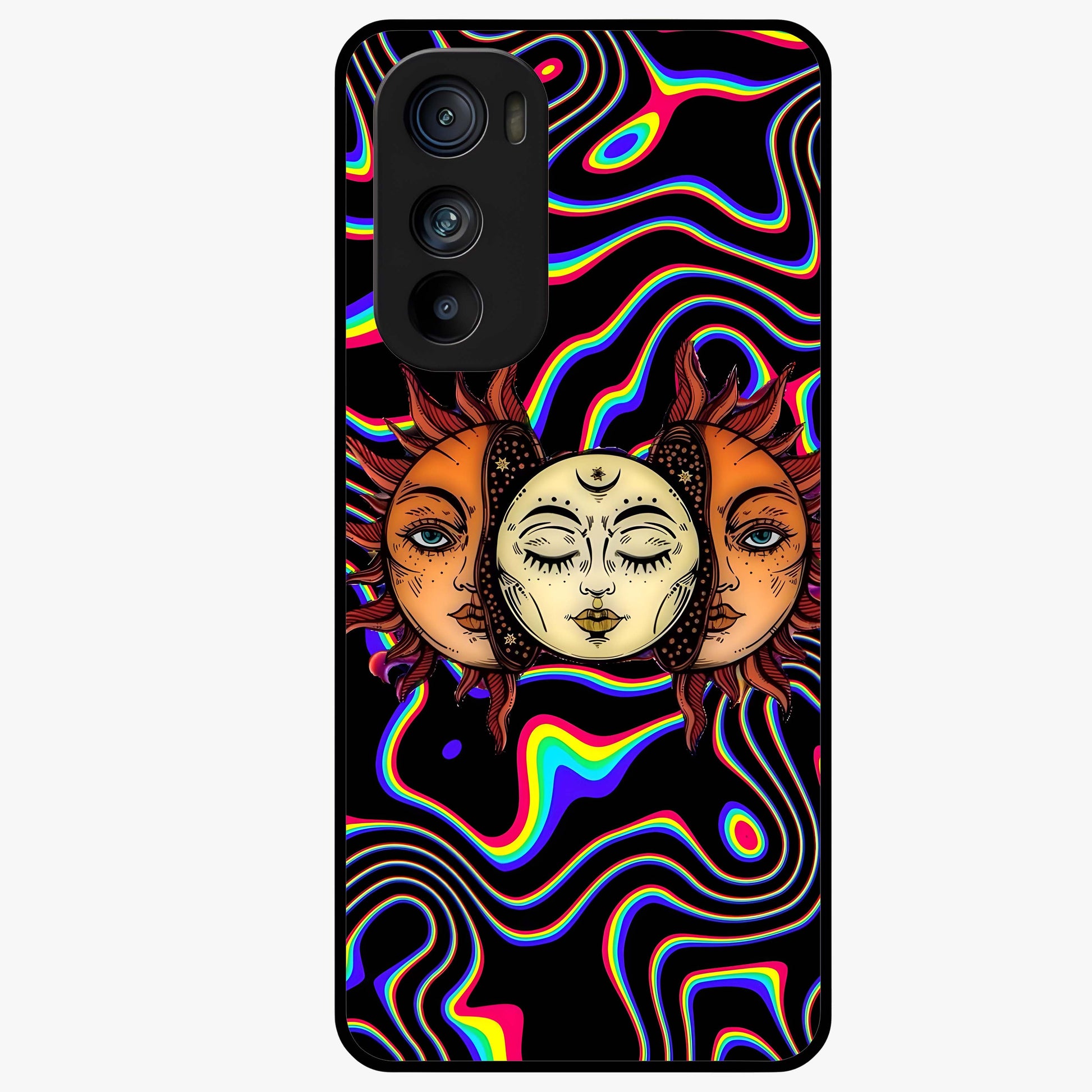 Psychedelic Sun Glass Case showing flat back view with colorful psychedelic sun artwork and glossy glass finish.