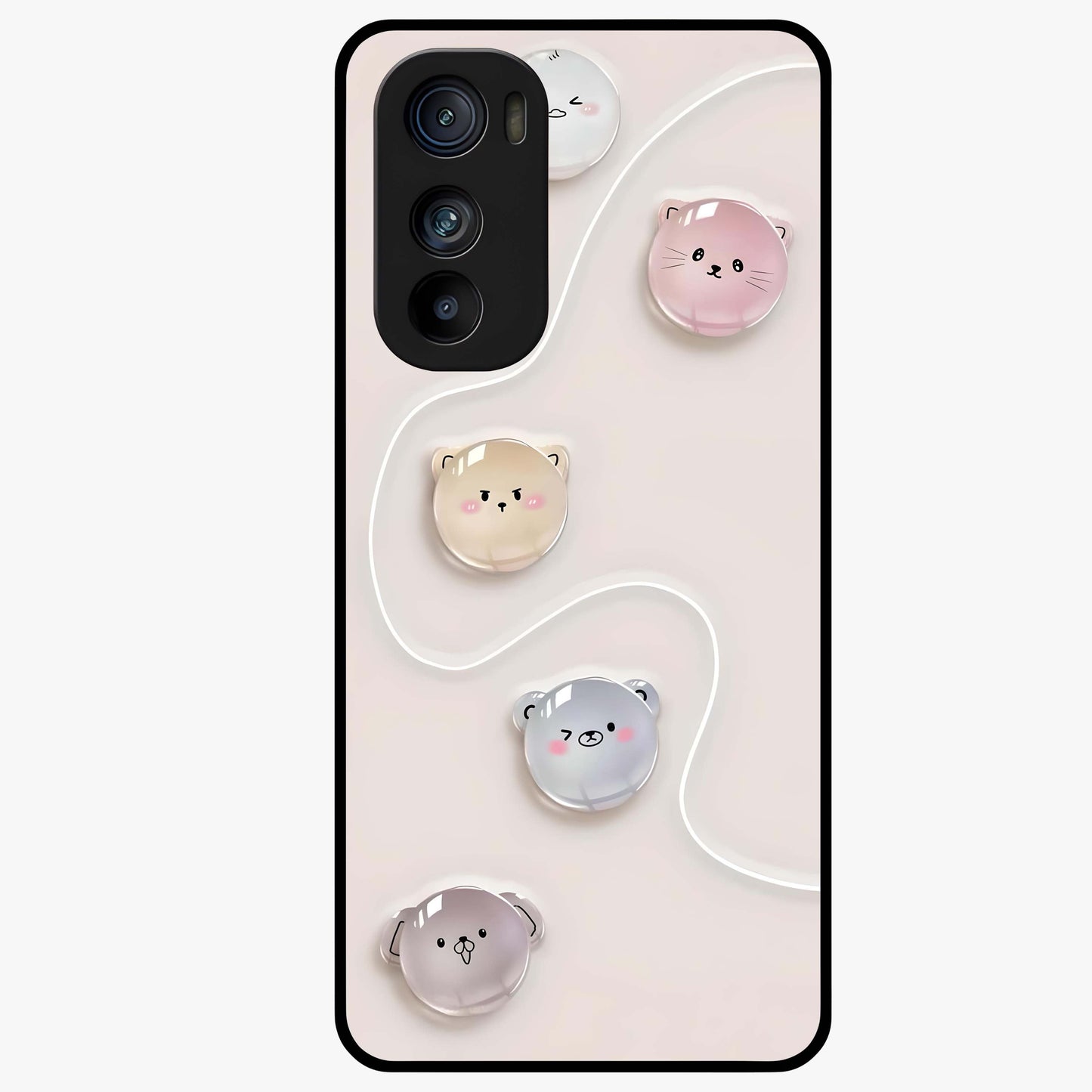 Puffy Face Parade Glass Case showing flat back view with cute puffy character faces artwork and glossy glass finish.