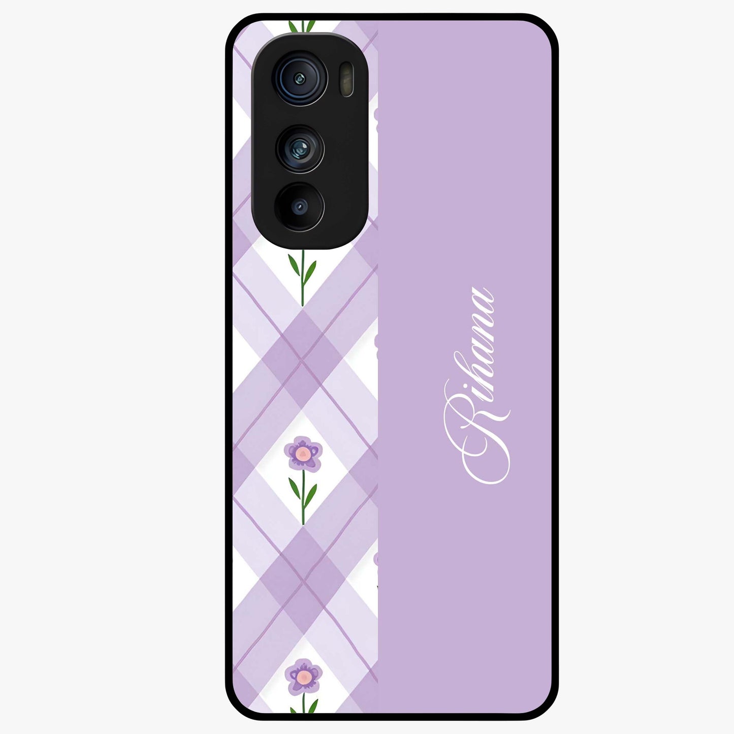 Purple Diamond Floral Glass Case showing flat back view with diamond shaped floral artwork and glossy glass finish.