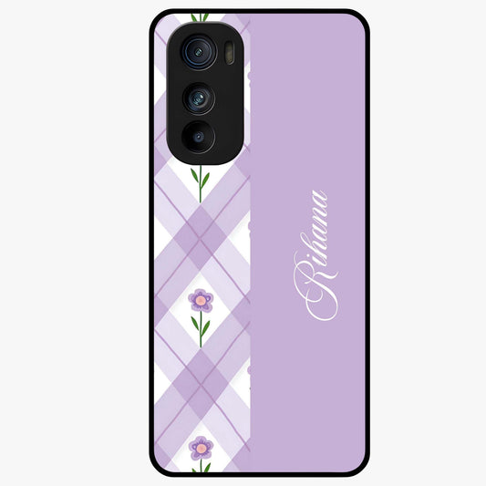 Purple Diamond Floral Glass Case showing flat back view with diamond shaped floral artwork and glossy glass finish.