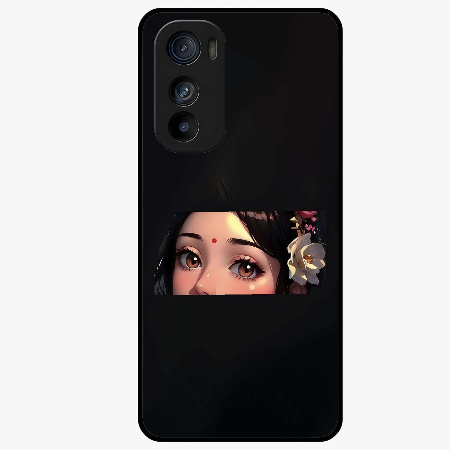 Radha Divine Embrace Glass Case showing flat back view with devotional Radha artwork and glossy glass finish.
