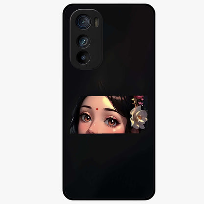 Radha Divine Embrace Glass Case showing flat back view with devotional Radha artwork and glossy glass finish.