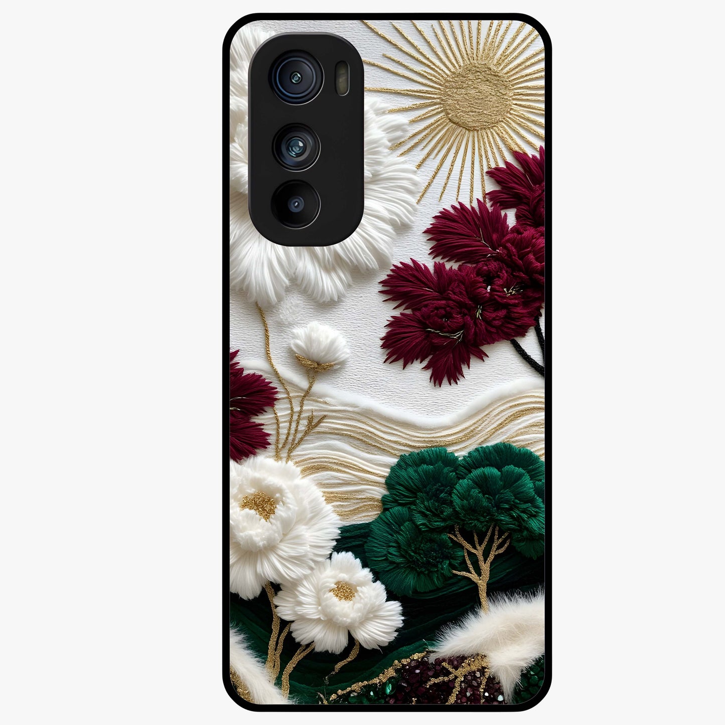 Radiant Bloom Elegance Glass Case showing flat back view with elegant blooming flower artwork and glossy glass finish.