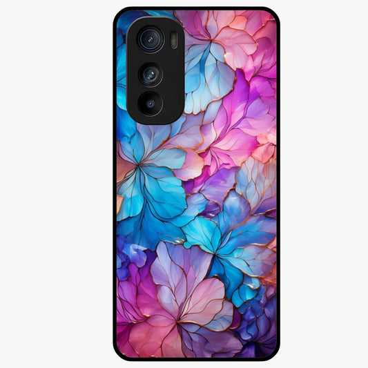 Radiant Floral Whirl Glass Case showing flat back view with swirling floral artwork and glossy glass finish.