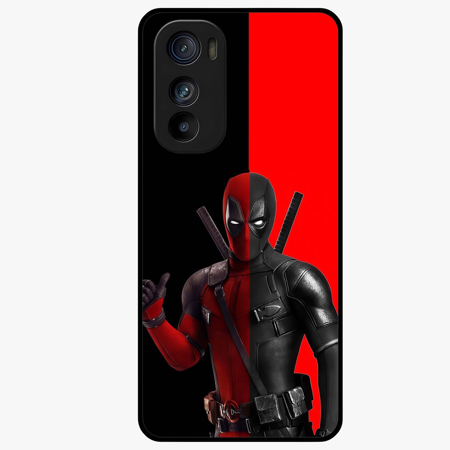 Red & Black Deadpool Theme Glass Case showing flat back view with bold comic inspired artwork and glossy glass finish.