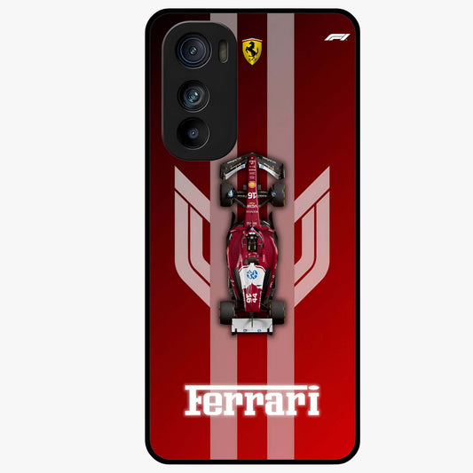 Red Ferrari F1 Vertical Glass Case showing flat back view with sleek Formula racing car artwork and glossy glass finish.