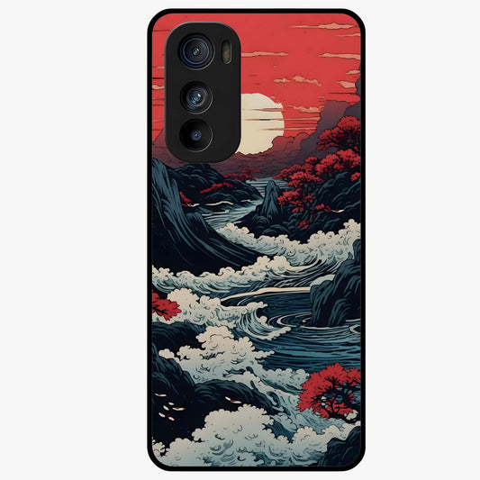 Red Sunset Scenery Glass Case showing flat back view with vibrant sunset landscape artwork and glossy glass finish.