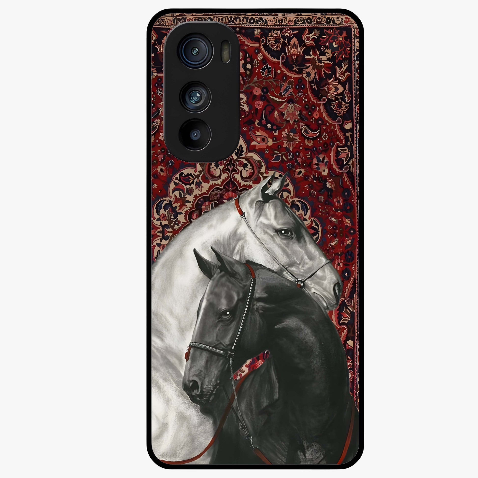Regal Stallion Tapestry Glass Case showing flat back view with majestic horse tapestry artwork and glossy glass finish.