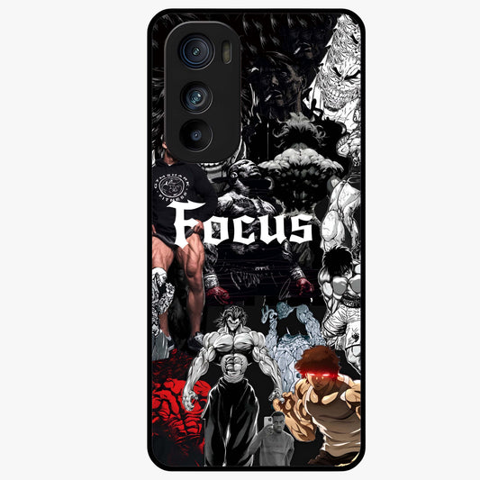 Relentless Power Focus Glass Case showing flat back view with motivational typography artwork and glossy glass finish.
