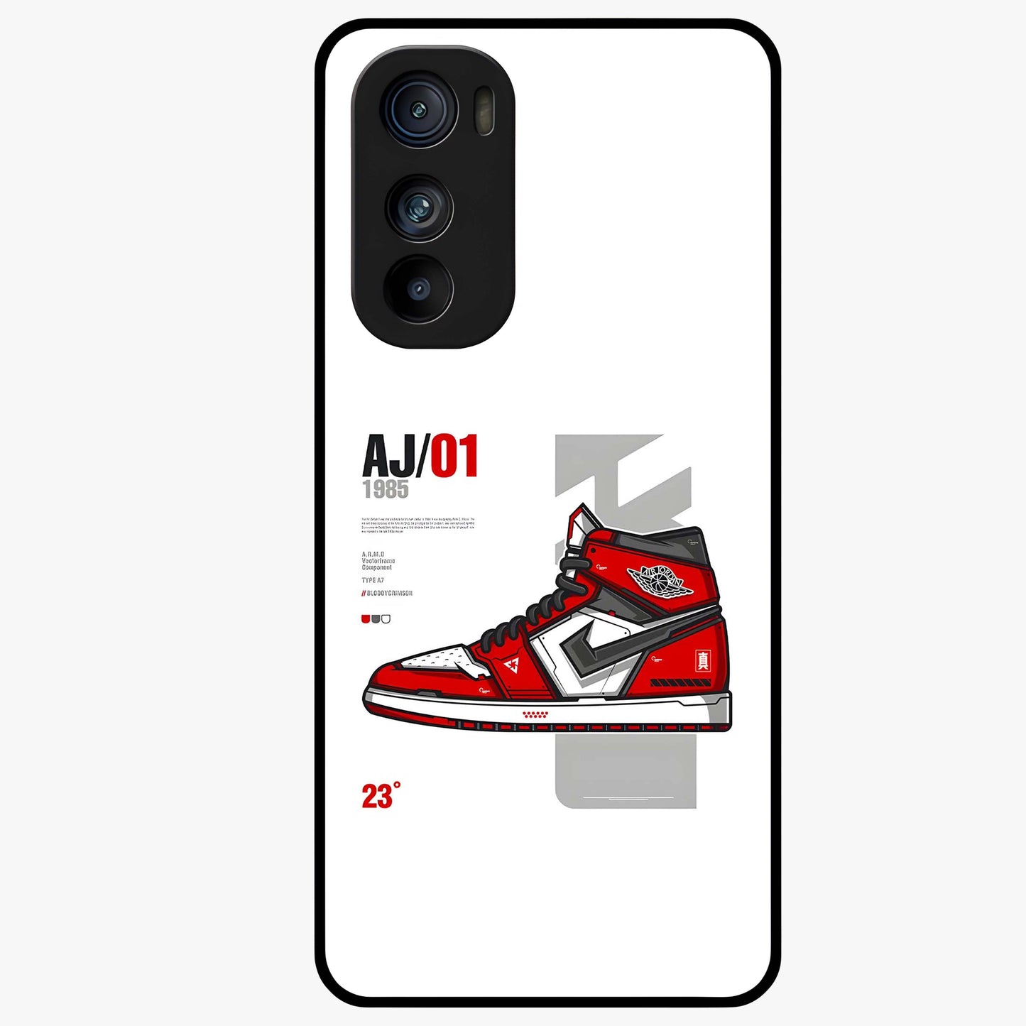 Retro Sneaker Blueprint Glass Case showing flat back view with sneaker blueprint style artwork and glossy glass finish.
