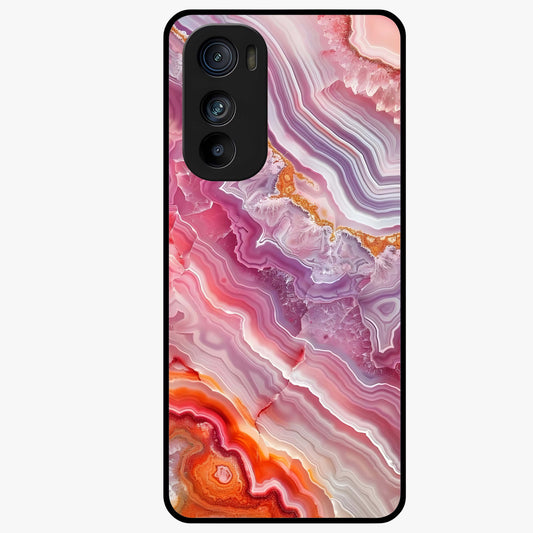 Rose Quartz Marble Glass Case showing flat back view with pink marble quartz texture artwork and glossy glass finish.