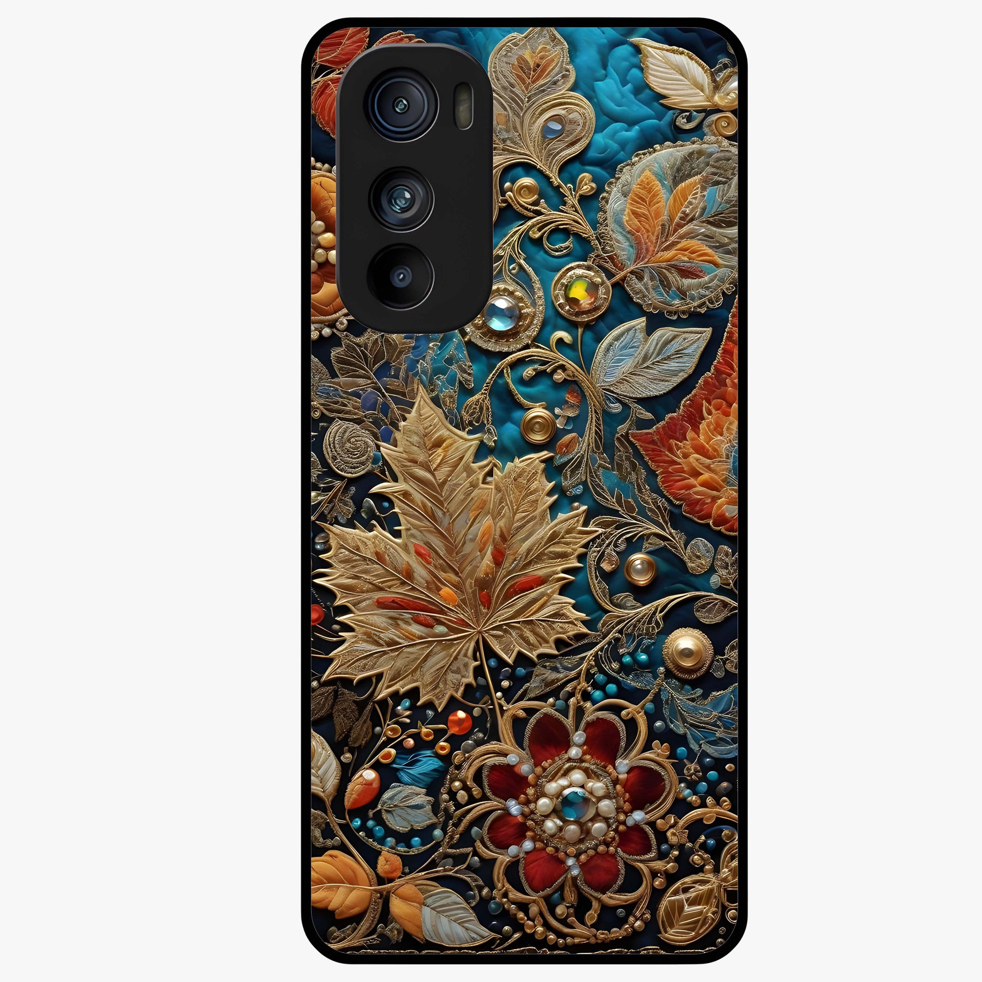 Royal Jewel Garden Glass Case showing flat back view with decorative floral garden artwork and glossy glass finish.