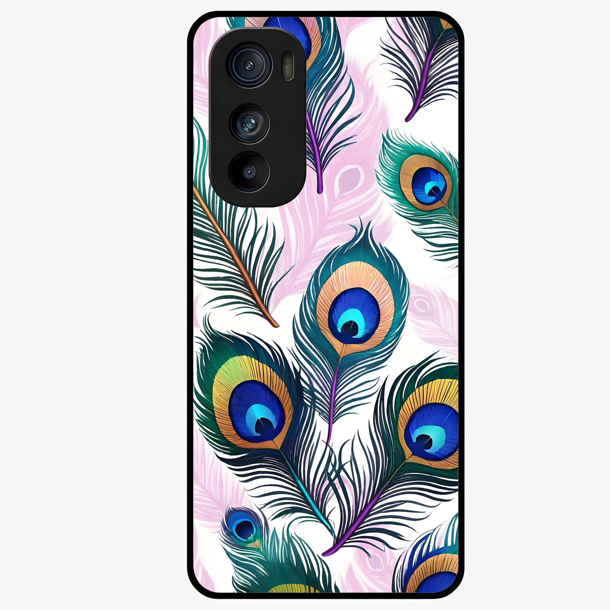Royal Peacock Feathers Glass Case showing flat back view with colorful peacock feather artwork and glossy glass finish.
