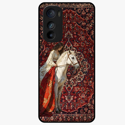 Royal Rider Tapestry Glass Case showing flat back view with majestic horse rider tapestry artwork and glossy glass finish.